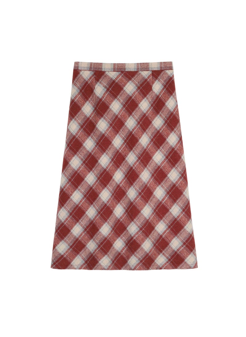 Generic Winter Woolen A-Line Plaid Midi Skirt Plus Size Red 