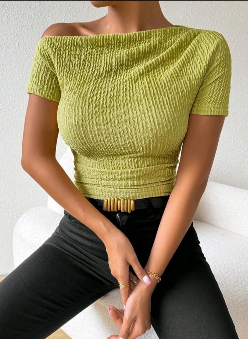 Shein SHEIN Textured Fabric Oblique-Shoulder Asymmetric Pleated Short Sleeve T-Shirt BLOUSE - Image 2