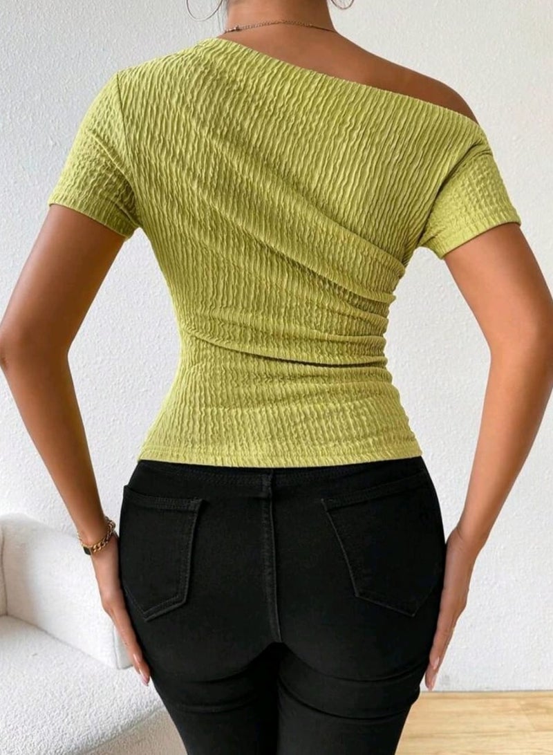 Shein SHEIN Textured Fabric Oblique-Shoulder Asymmetric Pleated Short Sleeve T-Shirt BLOUSE - Image 4