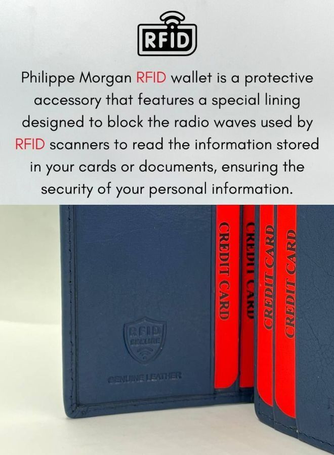 PHILIPPE MORGAN Premium Genuine Leather Wallet and Card Holder for Men Blue with RFID - Image 2