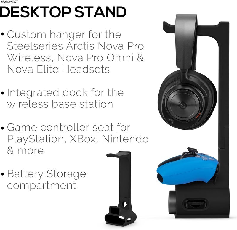 براينوافز حامل سماعات الأذن وجهاز تحكم الألعاب من مصمم لسماعات Steelseries Arctis Nova Pro اللاسلكية مع قاعدة محطة الإرسال اللاسلكية - أسود (HP03) - Image 3