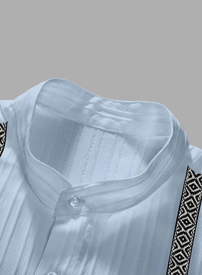 Take Two Light Blue Men Light Blue Jacquard Stand Collar Short Sleeve Button Front Shirt and Pants Co-Ords for Men | Best Price UAE