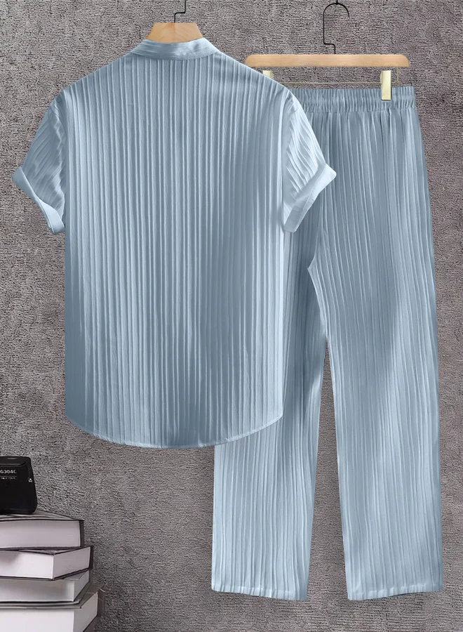 Take Two Men Light Blue Jacquard Stand Collar Short Sleeve Button Front Shirt and Pants Co-Ords