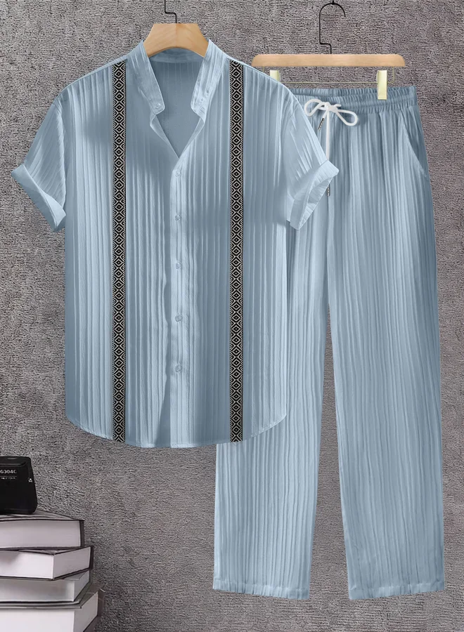 Take Two Men Light Blue Jacquard Stand Collar Short Sleeve Button Front Shirt and Pants Co-Ords
