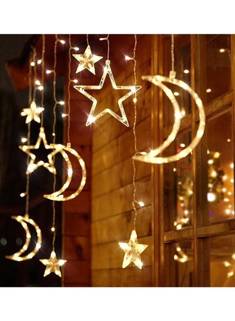 GGEROU 138 LED Star Moon Curtain Decorative Lights, Window Curtain Fairy String Lights, Remote Control & USB Plug, 8 Lighting Modes for Home Holiday Ramadan Wedding Party, Warm White - Image 1