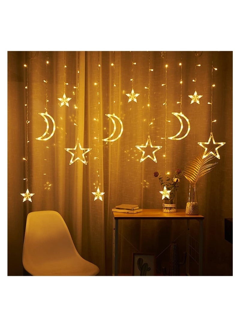 GGEROU 138 LED Star Moon Curtain Decorative Lights, Window Curtain Fairy String Lights, Remote Control & USB Plug, 8 Lighting Modes for Home Holiday Ramadan Wedding Party, Warm White - Image 2