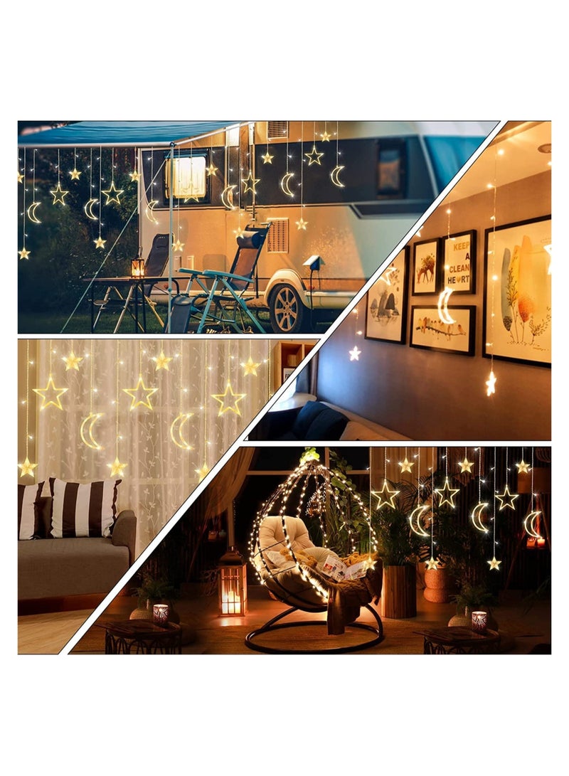 GGEROU 138 LED Star Moon Curtain Decorative Lights, Window Curtain Fairy String Lights, Remote Control & USB Plug, 8 Lighting Modes for Home Holiday Ramadan Wedding Party, Warm White - Image 4