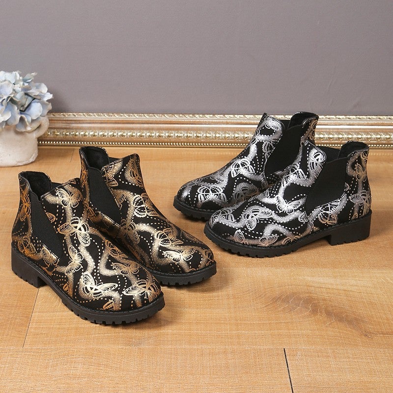 Printed Butterfly Casual Chelsea Boots 24 New Square Heel Elasto Foot Plus Size Short Boots Fashion Boots - Image 3