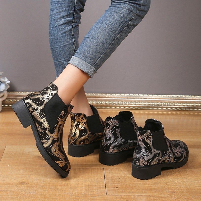 Printed Butterfly Casual Chelsea Boots 24 New Square Heel Elasto Foot Plus Size Short Boots Fashion Boots - Image 1
