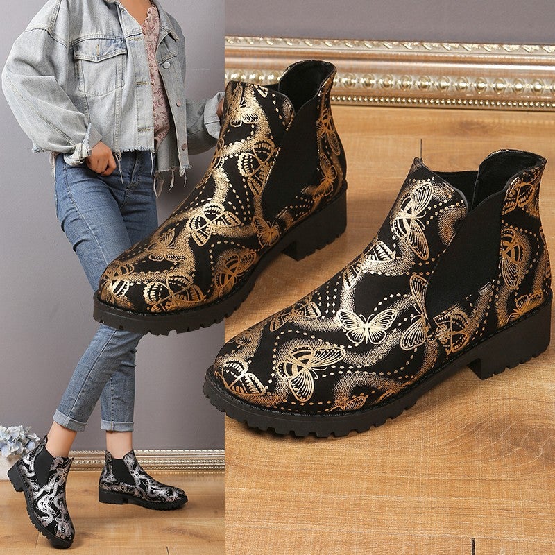 Printed Butterfly Casual Chelsea Boots 24 New Square Heel Elasto Foot Plus Size Short Boots Fashion Boots - Image 4