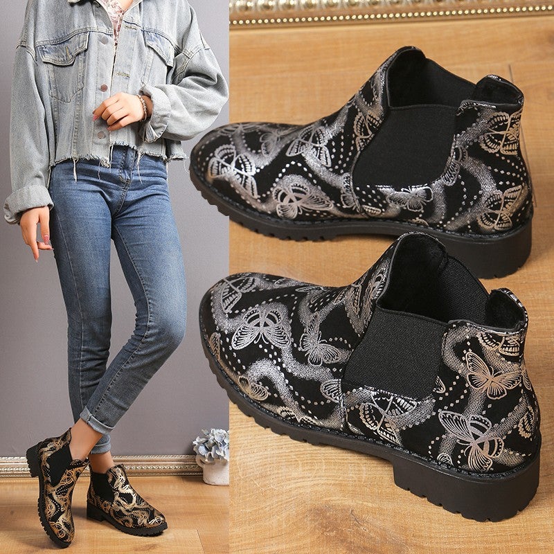 Printed Butterfly Casual Chelsea Boots 24 New Square Heel Elasto Foot Plus Size Short Boots Fashion Boots - Image 2