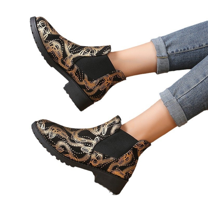 Printed Butterfly Casual Chelsea Boots 24 New Square Heel Elasto Foot Plus Size Short Boots Fashion Boots - Image 5