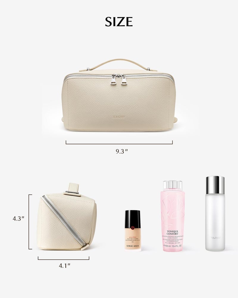 EACHY Travel Makeup Bag, Lychee Leather Large Capacity Cosmetic Bag for Women, Open Flat Toiletry Bag with TPU Brush Compartment, Waterproof Skincare Organizer Travel Essentials - Image 4