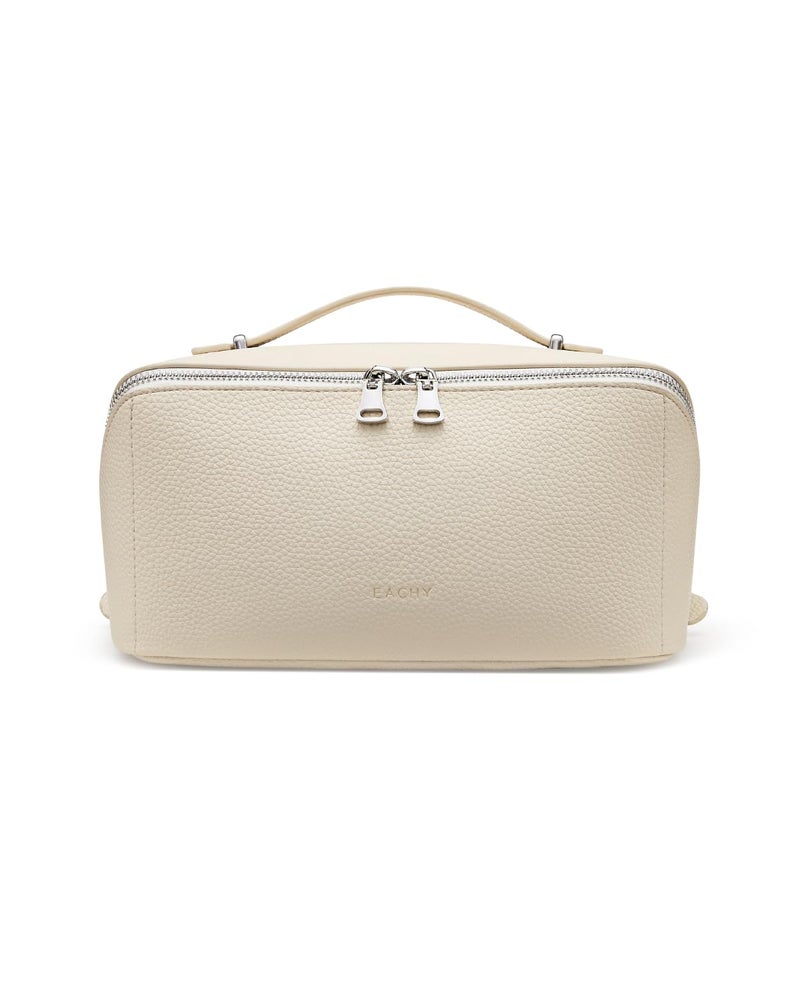 EACHY Travel Makeup Bag, Lychee Leather Large Capacity Cosmetic Bag for Women, Open Flat Toiletry Bag with TPU Brush Compartment, Waterproof Skincare Organizer Travel Essentials - Image 1