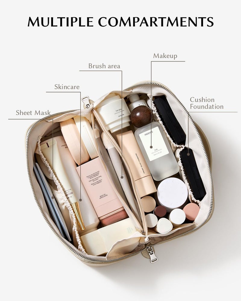 EACHY Travel Makeup Bag, Lychee Leather Large Capacity Cosmetic Bag for Women, Open Flat Toiletry Bag with TPU Brush Compartment, Waterproof Skincare Organizer Travel Essentials - Image 3