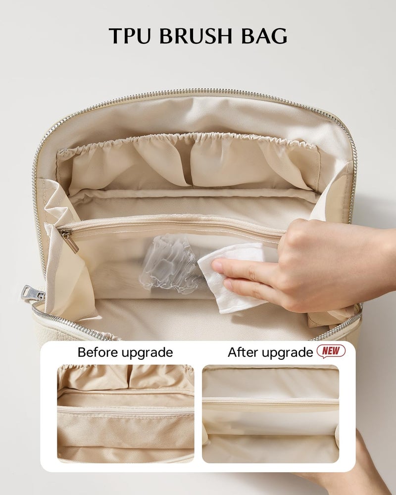 EACHY Travel Makeup Bag, Lychee Leather Large Capacity Cosmetic Bag for Women, Open Flat Toiletry Bag with TPU Brush Compartment, Waterproof Skincare Organizer Travel Essentials - Image 5