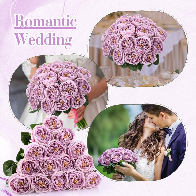 Giegxin 20 Pcs Real Touch Peonies Austin Roses Artificial Flowers, Faux Look Real Long Stems Fake Flower with Big Blooms for Christmas Valentines Wedding DIY Arrangement Home Decor(Light Purple) - Image 5