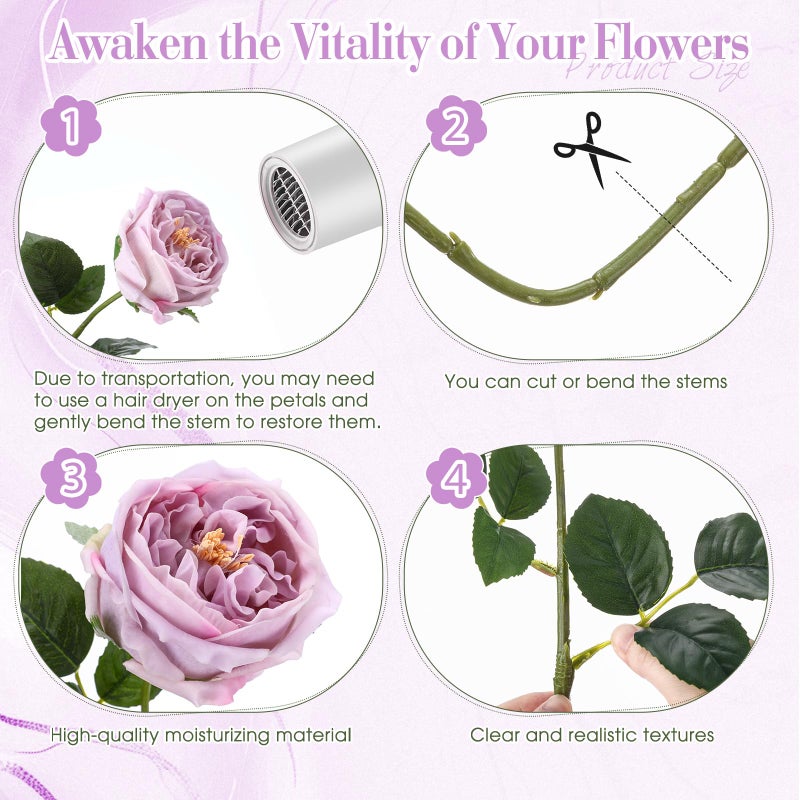Giegxin 20 Pcs Real Touch Peonies Austin Roses Artificial Flowers, Faux Look Real Long Stems Fake Flower with Big Blooms for Christmas Valentines Wedding DIY Arrangement Home Decor(Light Purple) - Image 3
