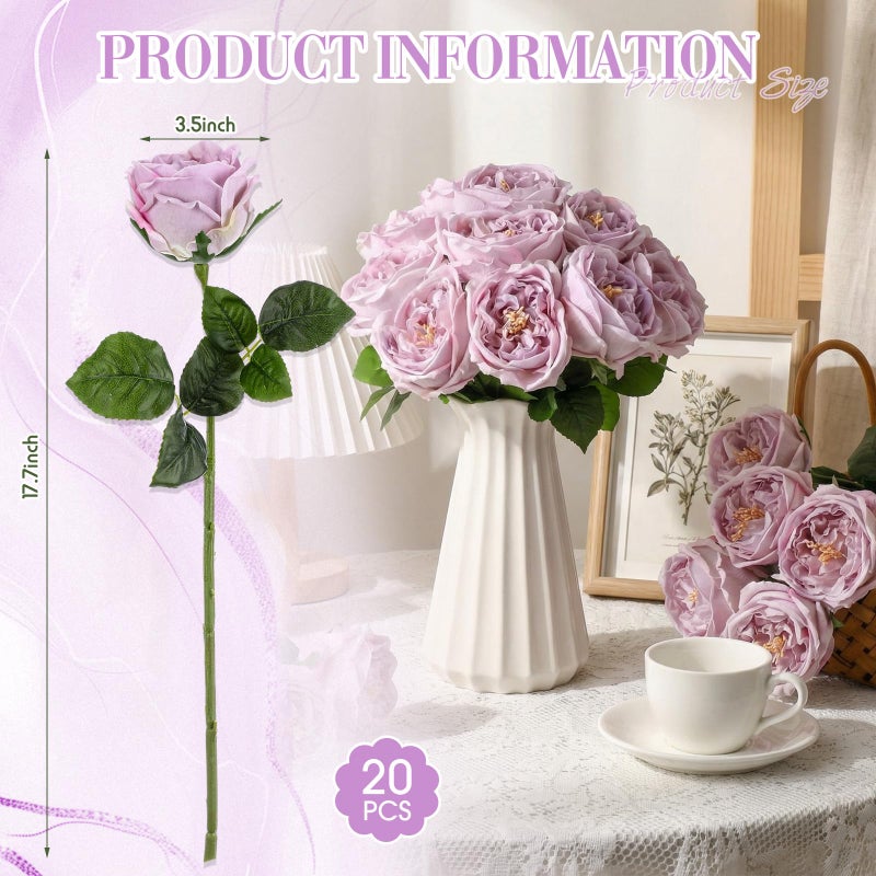 Giegxin 20 Pcs Real Touch Peonies Austin Roses Artificial Flowers, Faux Look Real Long Stems Fake Flower with Big Blooms for Christmas Valentines Wedding DIY Arrangement Home Decor(Light Purple) - Image 2