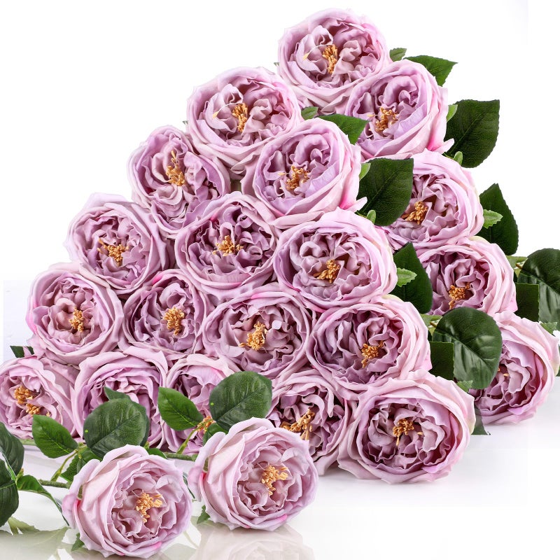 Giegxin 20 Pcs Real Touch Peonies Austin Roses Artificial Flowers, Faux Look Real Long Stems Fake Flower with Big Blooms for Christmas Valentines Wedding DIY Arrangement Home Decor(Light Purple) - Image 1