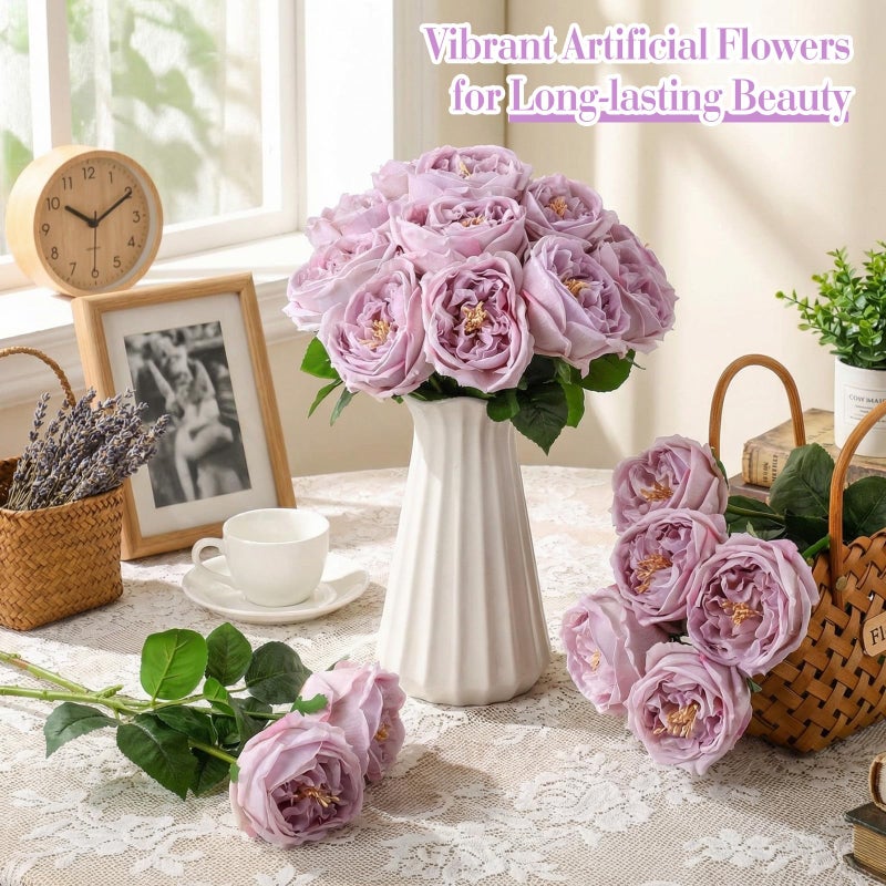 Giegxin 20 Pcs Real Touch Peonies Austin Roses Artificial Flowers, Faux Look Real Long Stems Fake Flower with Big Blooms for Christmas Valentines Wedding DIY Arrangement Home Decor(Light Purple) - Image 4