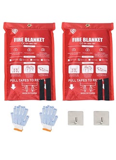 Fire Blanket For Home Fire Suppression Blanket (2PCS + 2 Hooks & 2 Gloves) Emergency Fire Blanket For Kitchen And People Suppression Flame Retardant Safety Blanket
