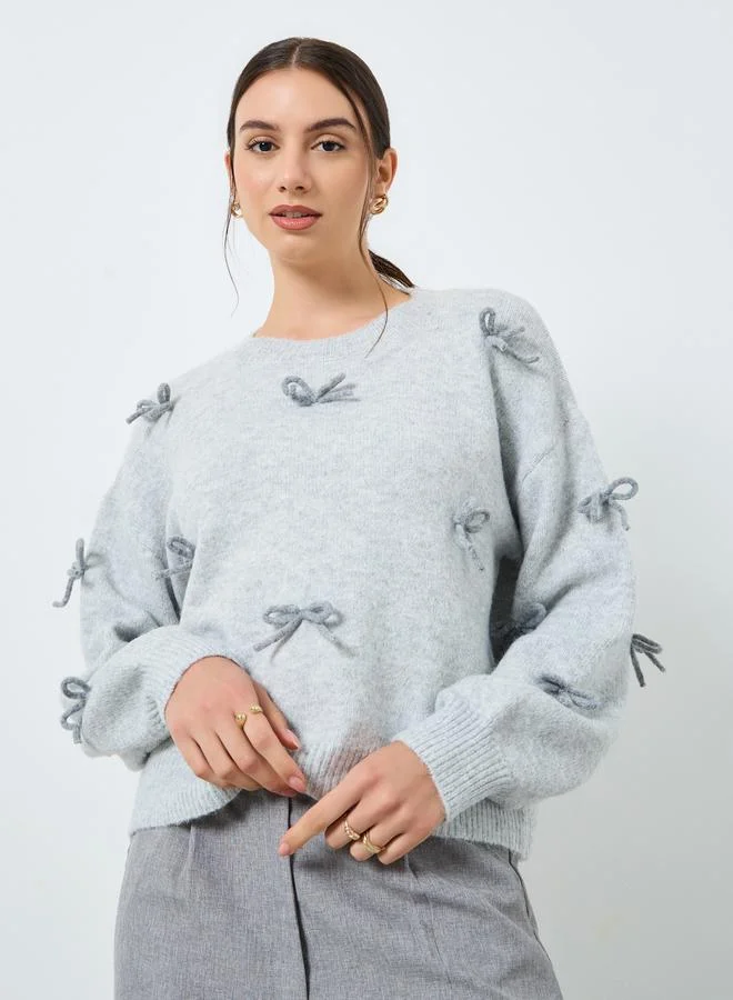 Take Two Take Two Grey Bow Detail Knitted Sweater