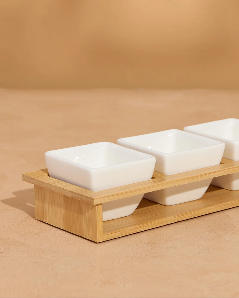 REDTAG White Plain Square Bowl With Bamboo Tray (5 Piece)