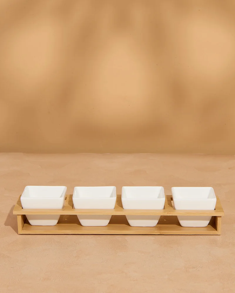 REDTAG White Plain Square Bowl With Bamboo Tray (5 Piece)
