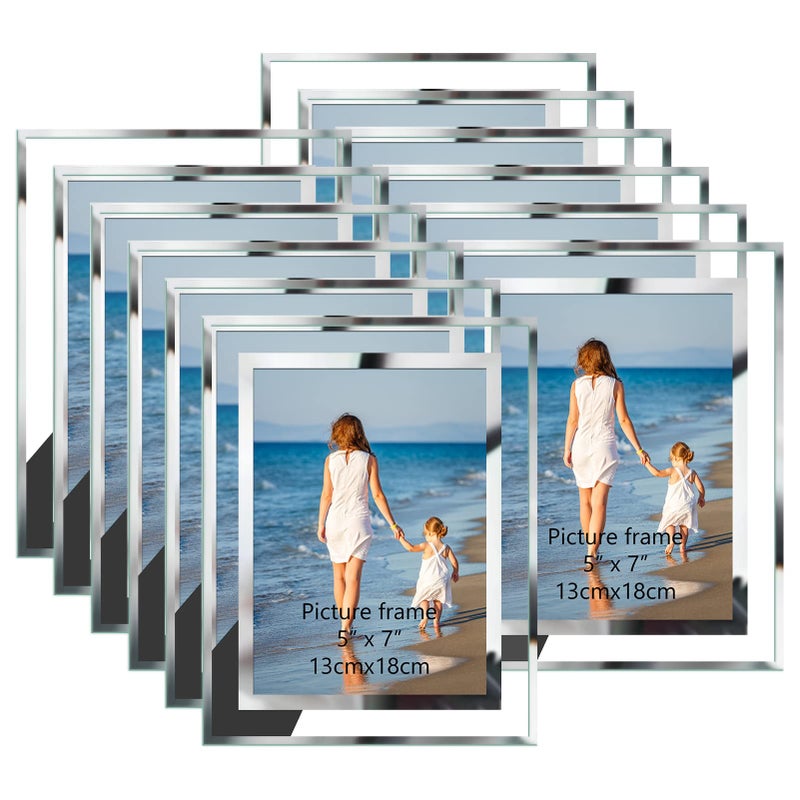 Hoikwo Bulk 5x7 Picture Frames  12 Packs Silver Photo Frames 5 by 7  Glass Wedding Frames 5x7  Clear Mirror Wedding Photo Frames  Only for Tabletop Display Vertically or Horizontally - Image 1