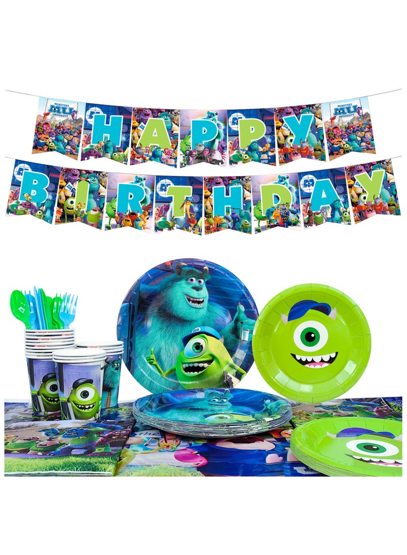 بيكسار طقم أدوات مائدة حفلات أعياد ميلاد الوحوش إنك يتسع لـ 16 ضيفًا، زينة حفلة عيد ميلاد الوحوش إنك أطباق الحفلة ذات الطابع الخاص بشركة Monsters Inc مناديل مفرش المائدة لافتة - Image 1