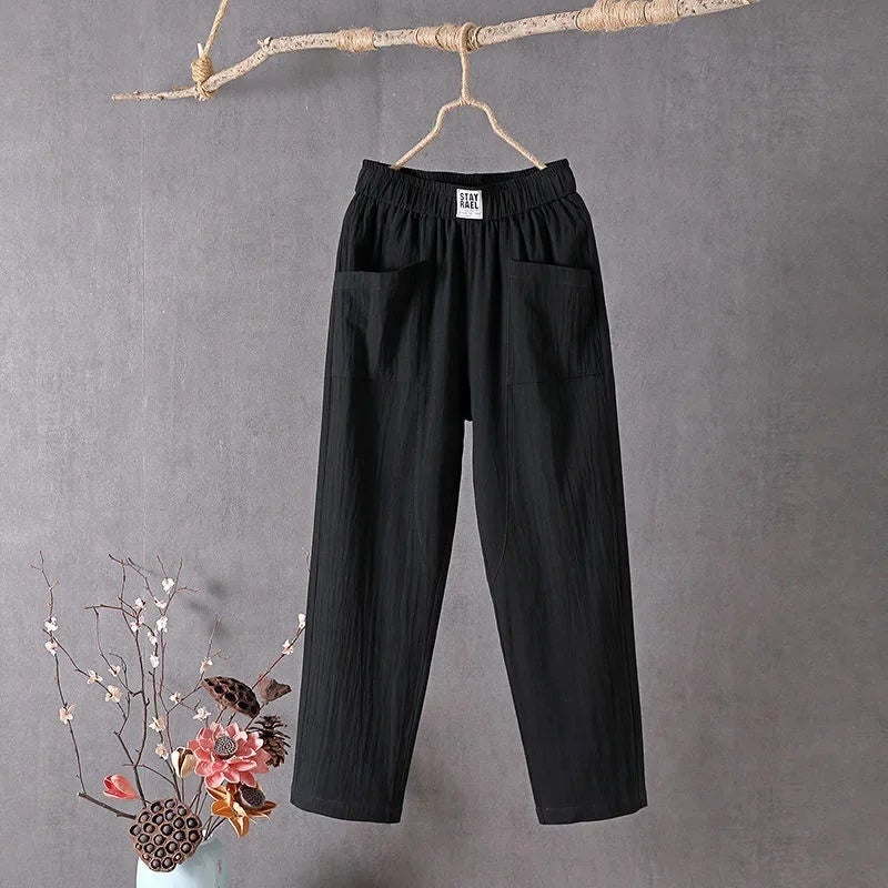 Cotton Linen Casual Pants Women''s 2024 New Arrival Pants Korean Style Loose Slimming Straight Pants Summer Thin Cropped Haren Pants - Image 3