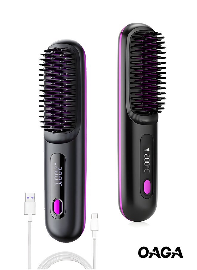 OAGA - Wireless Hair Straightener Brush, Portable Mini Ceramic Ionic Straightening Comb and curler 2 in 1, Thermal Brush 20s Fast Heating & 3 Temp Settings & Anti-Scald - Image 1
