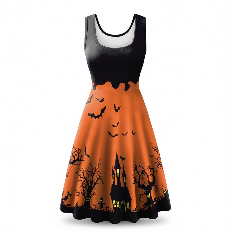 Women's Sleeveless Halloween Dress with Bat Skeleton Digital Print - Image 1
