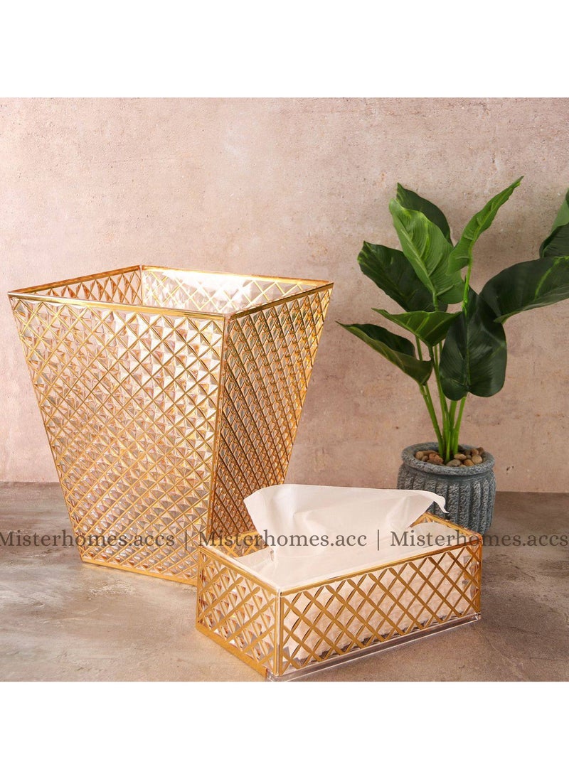 ماركة غير محددة - طقم سلة مهملات وعلبة مناديل بتصميم فاخر قطعتين ،ذهبي /شفاف - Image 1