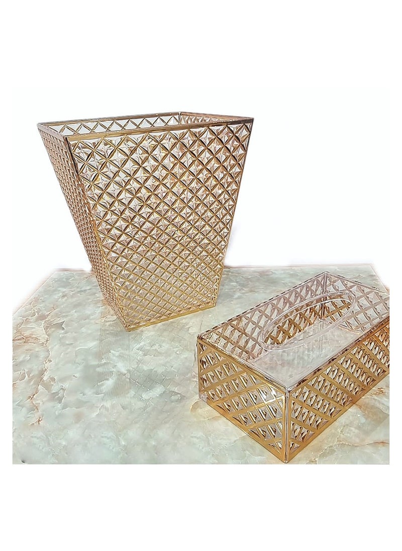 ماركة غير محددة - طقم سلة مهملات وعلبة مناديل بتصميم فاخر قطعتين ،ذهبي /شفاف - Image 1