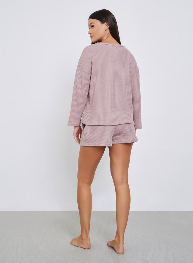 Styli Waffle Knit Long Sleeve Top and Shorts Set - Image 5