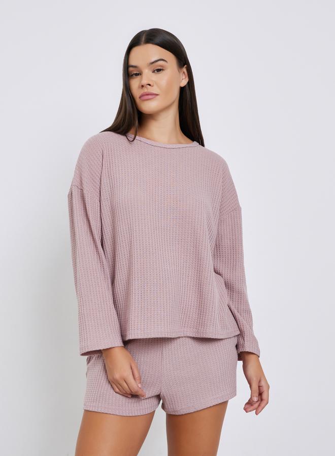 Styli Waffle Knit Long Sleeve Top and Shorts Set - Image 2
