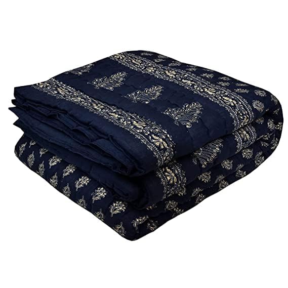 Slickcomfort 100 Pure Cotton Jaipuri Rajai Traditional Sanganeri Print Light Weight Razai ACWinter QuiltRazai Single Bed Blue Dai Gold  - Image 1