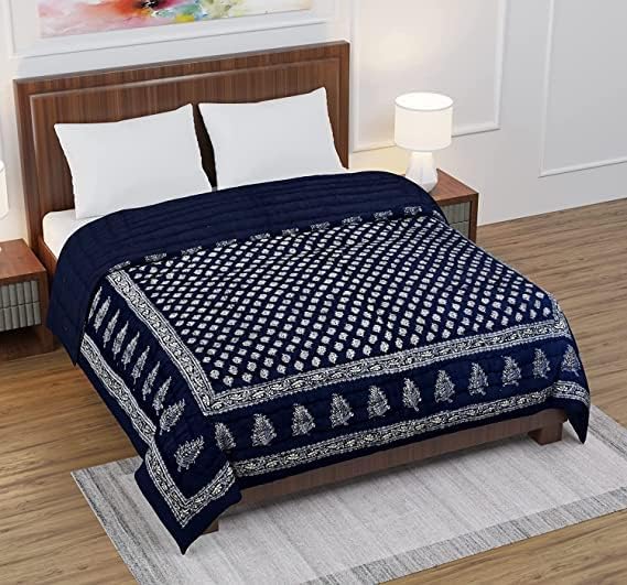 Slickcomfort 100 Pure Cotton Jaipuri Rajai Traditional Sanganeri Print Light Weight Razai ACWinter QuiltRazai Single Bed Blue Dai Gold  - Image 4