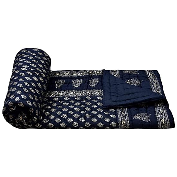 Slickcomfort 100 Pure Cotton Jaipuri Rajai Traditional Sanganeri Print Light Weight Razai ACWinter QuiltRazai Single Bed Blue Dai Gold  - Image 2