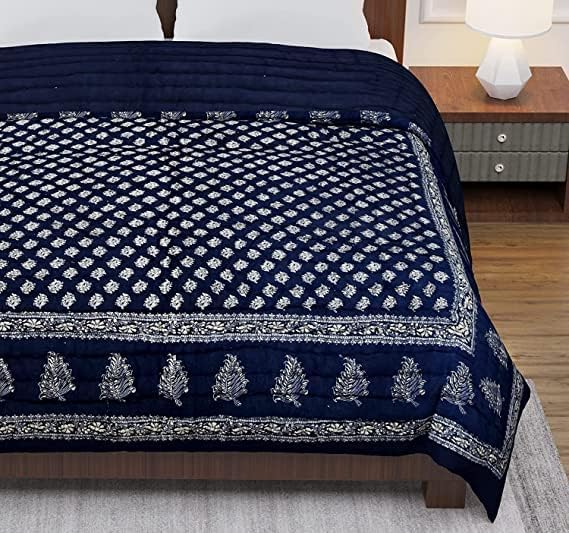 Slickcomfort 100 Pure Cotton Jaipuri Rajai Traditional Sanganeri Print Light Weight Razai ACWinter QuiltRazai Single Bed Blue Dai Gold  - Image 5