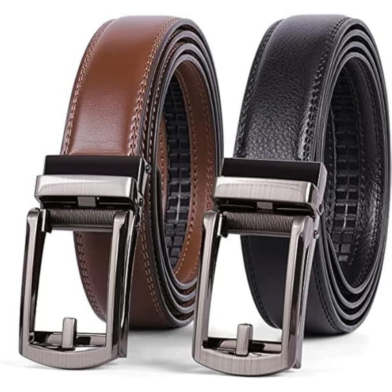 2 Pack Men's Leather Ratchet Dress Belt Ratchet Buckle Fits 60-120 cm For Formal Wear Oxfords Black Brown Genuine Leather Adjustable Comfort Fit - Image 1