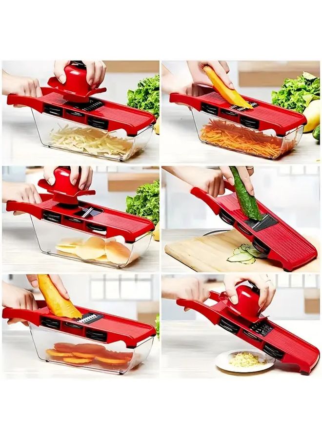 إصدار مطوّر: مجموعة تقطيع خضار يدوية متعددة الوظائف مكونة من 9 قطع، تشمل كسارة بصل وهرّاسة بطاطس مع شفرات قابلة للتبديل، مبشرة، وقطاعة. مصنوعة من البلاستيك ABS الثقيل والمريح مع تصميم انسيابي، وحاوية تخزين مدمجة للاستخدام المنزلي في تحضير الطعام دون الحاجة للكهرباء. - Image 5
