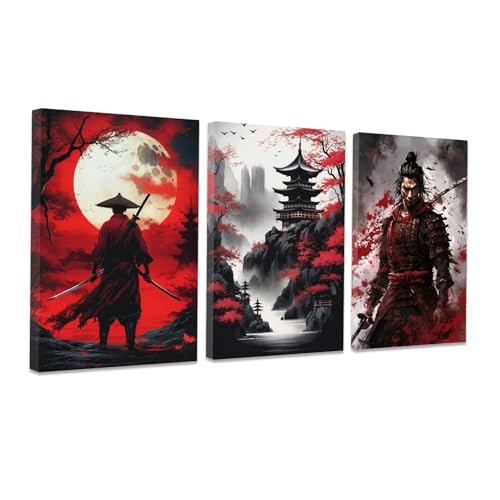 CCWACPP 3 Piece Samurai Wall Art Japan Painting Canvas Print Warrior Figure Pictures Bushido Posters Japanese Culture Theme Artwork Home Room Decor Framed D 11x14x3 - Image 1