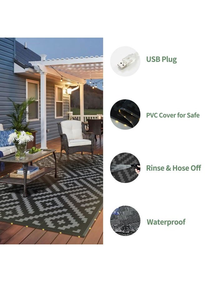 GENIMO Outdoor Rug with LED Strip Lights, 6'x9' Waterproof Camping Mat, Reversible Plastic Straw Rugs for Patio, RV, Camper, Balcony, Backyard, Picnic, Deck, Black & Gray - Image 5
