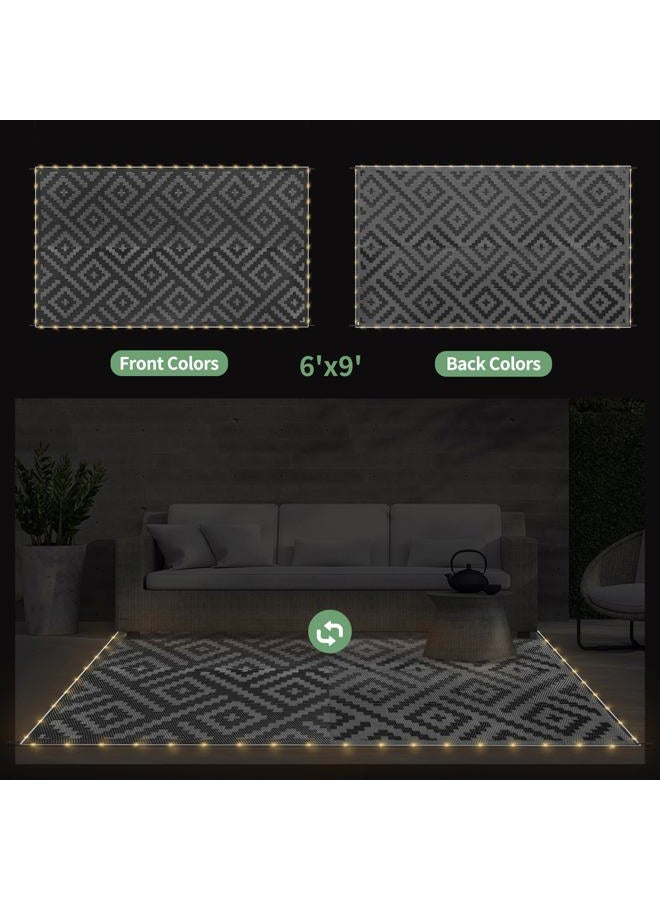 GENIMO Outdoor Rug with LED Strip Lights, 6'x9' Waterproof Camping Mat, Reversible Plastic Straw Rugs for Patio, RV, Camper, Balcony, Backyard, Picnic, Deck, Black & Gray - Image 3