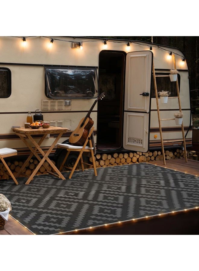GENIMO Outdoor Rug with LED Strip Lights, 6'x9' Waterproof Camping Mat, Reversible Plastic Straw Rugs for Patio, RV, Camper, Balcony, Backyard, Picnic, Deck, Black & Gray - Image 4