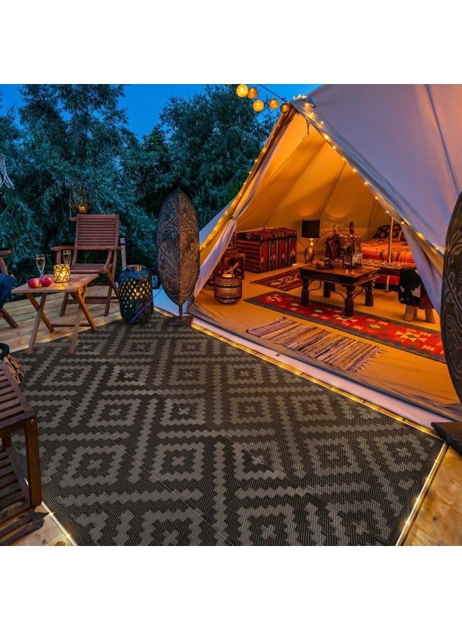 GENIMO Outdoor Rug with LED Strip Lights, 6'x9' Waterproof Camping Mat, Reversible Plastic Straw Rugs for Patio, RV, Camper, Balcony, Backyard, Picnic, Deck, Black & Gray - Image 2