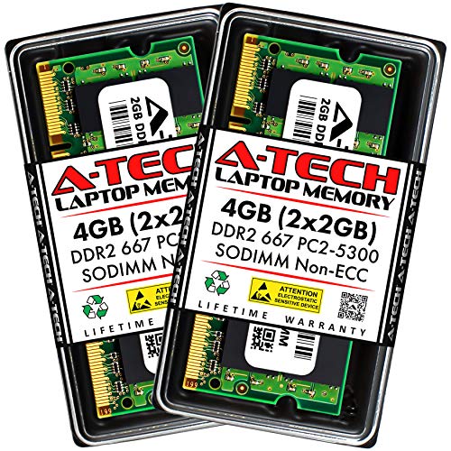 A-Tech 4GB (2x2GB) DDR2 667MHz SODIMM PC2-5300 1.8V CL5 200-Pin Non-ECC Unbuffered Laptop RAM Memory Upgrade Kit - Image 1